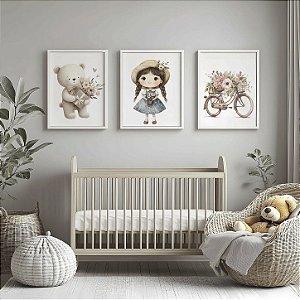 Kit 3 Quadros Decorativos Infantil Ursinho Flores Bicicleta Menina Tranças Quarto Criança