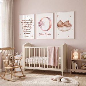 Kit 3 Quadros Decorativos Infantil Ursinho Nuvem Nome Personalizado Oração