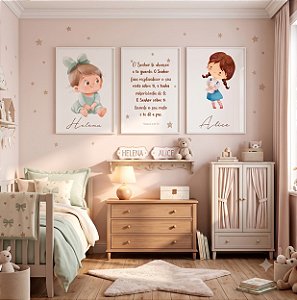 Kit 3 Quadros Decorativos Irmãs Meninas Salmos Nome Personalizado Infantil Quarto de Criança