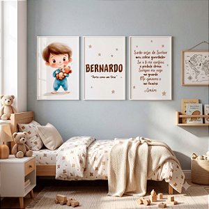 Quadros Decorativos Kit 3 Infantil Menino Ursinho Nome Oração Quarto Personalizado