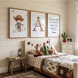 Quadro Decorativo Infantil Nome Personalizado Cowboy Chapéu Oração Santo Anjo kit 3