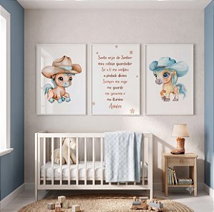 Quadro Decorativo Infantil Cavalinhos Cowboy Chapéu Oração Santo Anjo kit 3