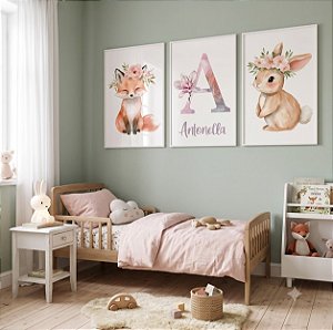 Quadro Decorativo Infantil Raposinha Coelhinha Nome Personalizado Flores Kit 3 Quadros