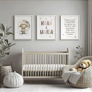 Quadro Decorativo Infantil Kit 3 Infantil Ovelhinha Oração Salmos Nome Personalizado