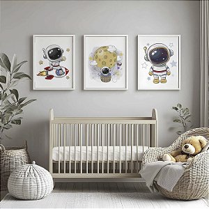 Quadro Decorativo Astronauta Foguete Balão Menino Lua Estrelas Kit 3 Quadros