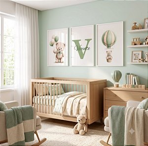 Quadro Decorativo Infantil Ursinho Balões Nome Personalizado Balão Tons Verde Kit 3 Quadros