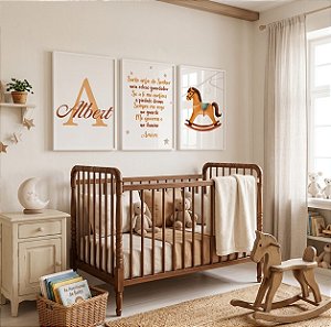 Quadro Decorativo Infantil Oração Santo Anjo Nome Personalizado Cavalinho Balanço Kit 3 Quadros