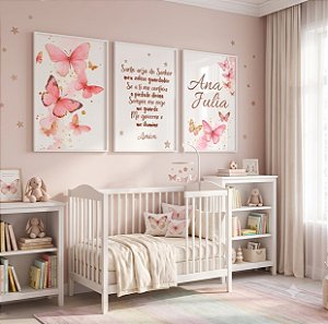 Quadro Decorativo Borboletas Rosa Dourado Nome Personalizado Oração Santo Anjo Kit 3 Quadros
