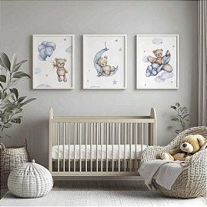 Quadro Decorativo Infantil Ursinho Azul Lua Aviãozinho Balões Nuvens kit 3