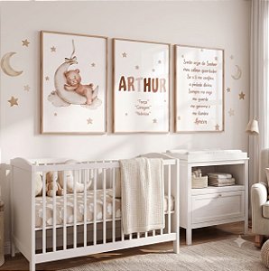 Quadro Decorativo Infantil Personalizado Oração Ursinho Lua Nome Personalizado Kit 3 Quadros
