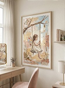 Quadro Decorativo Infantil Menina Asas de Anjo Pintura Delicada Balanço