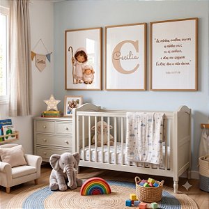 Kit 3 Quadros Decorativos Infantil Jesus Pastor de Ovelha Salmo Nome Personalizado