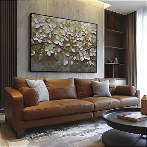 Quadro Decorativo Flores Branca Douradas Delicadas Galho Natureza