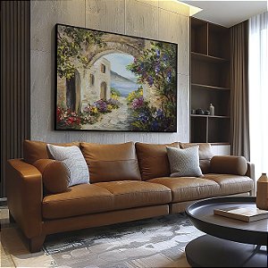 Quadro Decorativo Vilarejo Paisagem a Beira Mar Pintura Vilarejo Flores Rua