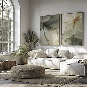 Quadro Decorativo Arte Floral Pétalas Delicadas Tons Verde e Bege Natureza Clean