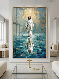 Quadro Decorativo Jesus Reflexo Água Pintura Religioso Tons Azul