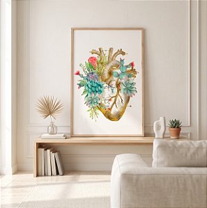 Quadro Decorativo Anatomia Coração Flores Medicina Psicologia Tons Azuis