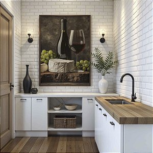 Quadro Decorativo Taça Vinho Garrafa Wine Líquido Queijo Uvas Adega Goumert