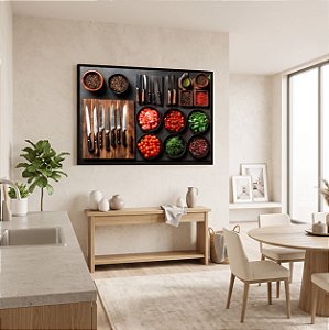 Quadro Decorativo Temperos Folhas Tomate Facas Churrasco Mise en Place
