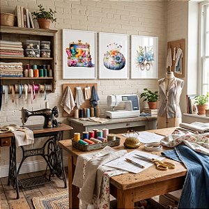 Quadro Decorativo Costura Máquina Agulha Tesoura Atelier Alfineteiro Costureira Tons Azuis Kit 3 Quadros
