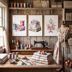 Quadro Decorativo Costura Máquina Agulha Tesoura Atelier Costureira Manequim Kit 3 Quadros