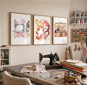 Quadro Decorativo Costura Tesoura Atelier Costureira Máquina Rosa Flores Kit 3 Quadros
