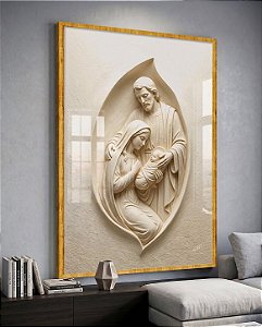 Quadro Decorativo Sagrada Família Efeito Relevo Acolhimento Religioso Fé