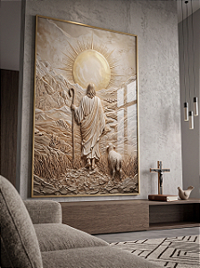 Quadro Decorativo Religioso Jesus Pastor Ovelha Vale ao Pôr do Sol Efeito Entalhe