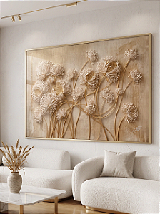 Quadro Decorativo Flores Efeito 3D Corda de Algodão Hastes Dente de Leão