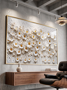 Quadro Decorativo Floral Margaridas Efeito Relevo Flores Pétalas Natureza
