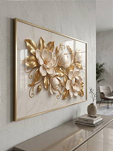 Quadro Decorativo Flores Magnólias Douradas Efeito 3D com Fundo Marmorizado
