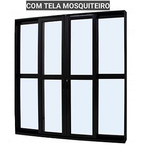 Porta de correr alumínio preto 4 folhas vidro liso incolor com fechadura com tela mosquiteiro - jap perfecta max