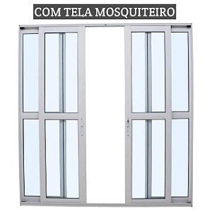 Porta de correr alumínio branco 4 folhas vidro liso incolor com fechadura com tela mosquiteiro - jap perfecta max