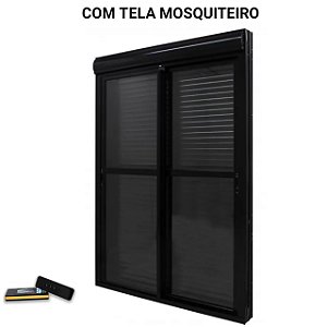 Porta com persiana integrada alumínio preto acionamento por controle remoto com fecho concha e tela mosquiteiro - jap caribe max