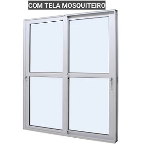 Porta de correr alumínio branco 2 folhas móveis vidro liso incolor com fechadura com tela mosquiteiro - jap perfecta max