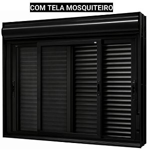 Janela com persiana integrada alumínio preto acionamento manual com tela mosquiteiro - jap caribe max