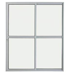 Porta de correr alumínio branco 2 folhas uma fixa vidro liso incolor com fechadura - linha 25