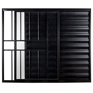 Janela veneziana alumínio preto 3 folhas uma fixa com grade vidro liso incolor - ecosul esquadrisul