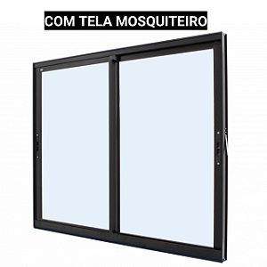 Janela de correr alumínio preto 2 folhas móveis sem grade vidro liso incolor com tela mosquiteiro - jap caribe max