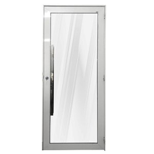 Porta alumínio branco vidro panorâmico liso incolor temperado 6mm com puxador e fechadura rolete - linha 30 topsul esquadrisul