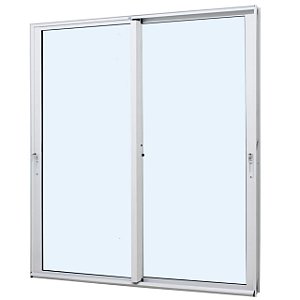 Porta de correr alumínio branco 2 folhas móveis vidro panorâmico temperado 6 mm com fechadura - jap caribe max