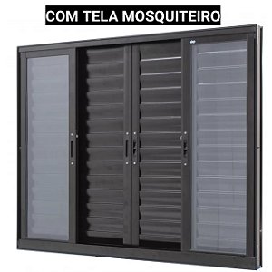 Janela veneziana alumínio preto 6 folhas sem grade vidro liso incolor com tela mosquiteiro - jap caribe max