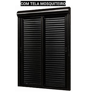 Porta com persiana integrada alumínio preto vidro temperado 6mm com fecho concha acionamento manual com tela mosquiteiro - jap caribe max