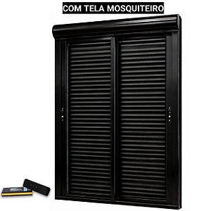 Porta com persiana integrada alumínio preto vidro temperado 6mm com fecho concha acionamento por controle remoto com tela mosquiteiro - jap caribe max
