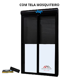 Porta com persiana integrada alumínio preto vidro temperado 6mm com fecho concha acionamento por controle remoto com tela mosquiteiro - jap caribe max