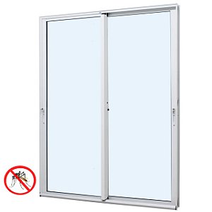 Porta de correr alumínio branco 2 folhas móveis vidro liso incolor temperado 6mm com fechadura com tela mosquiteiro - jap caribe max