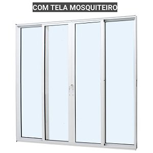 Porta de correr alumínio branco 4 folhas vidro temperado liso incolor 6mm com fechadura com tela mosquiteiro - jap caribe max