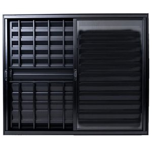 Janela veneziana alumínio preto 3 folhas uma fixa com grade vidro liso incolor linha plus lux esquadrias
