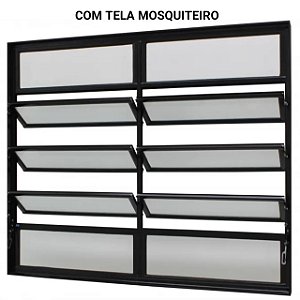 Janela basculante alumínio preto duas seções vidro mini boreal com tela mosquiteiro jap caribe max