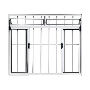 Janela de correr alumínio branco 4 folhas com bandeira com grade vidro liso incolor - linha modular lux esquadrias